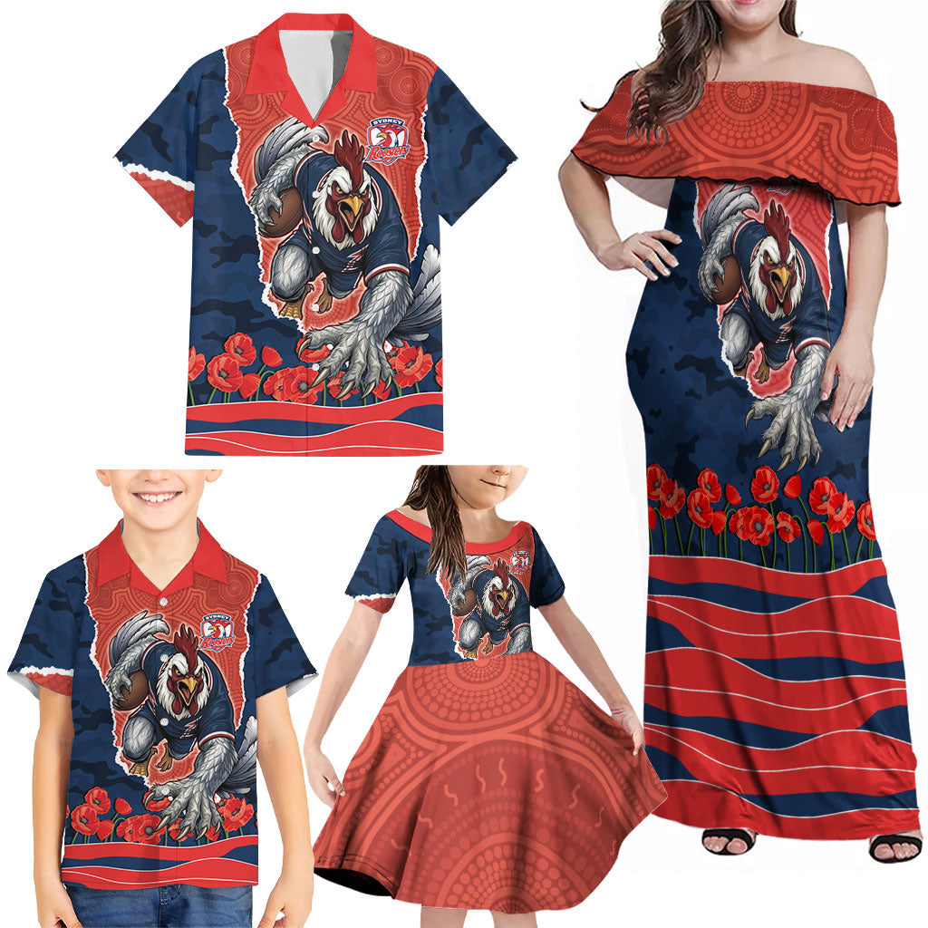 Personalized Sydney Roosters ANZAC Tribute Family Matching Off Shoulder Maxi Dress and Hawaiian Shirt Poppy Field Soldier Silhouette Aboriginal Rugby Mascot