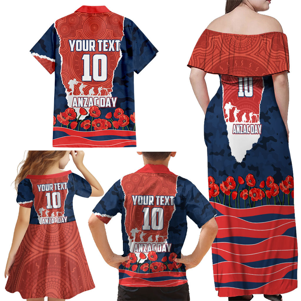 Personalized Sydney Roosters ANZAC Tribute Family Matching Off Shoulder Maxi Dress and Hawaiian Shirt Poppy Field Soldier Silhouette Aboriginal Rugby Mascot