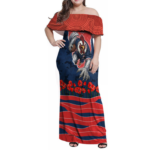 Personalized Sydney Roosters ANZAC Tribute Family Matching Off Shoulder Maxi Dress and Hawaiian Shirt Poppy Field Soldier Silhouette Aboriginal Rugby Mascot