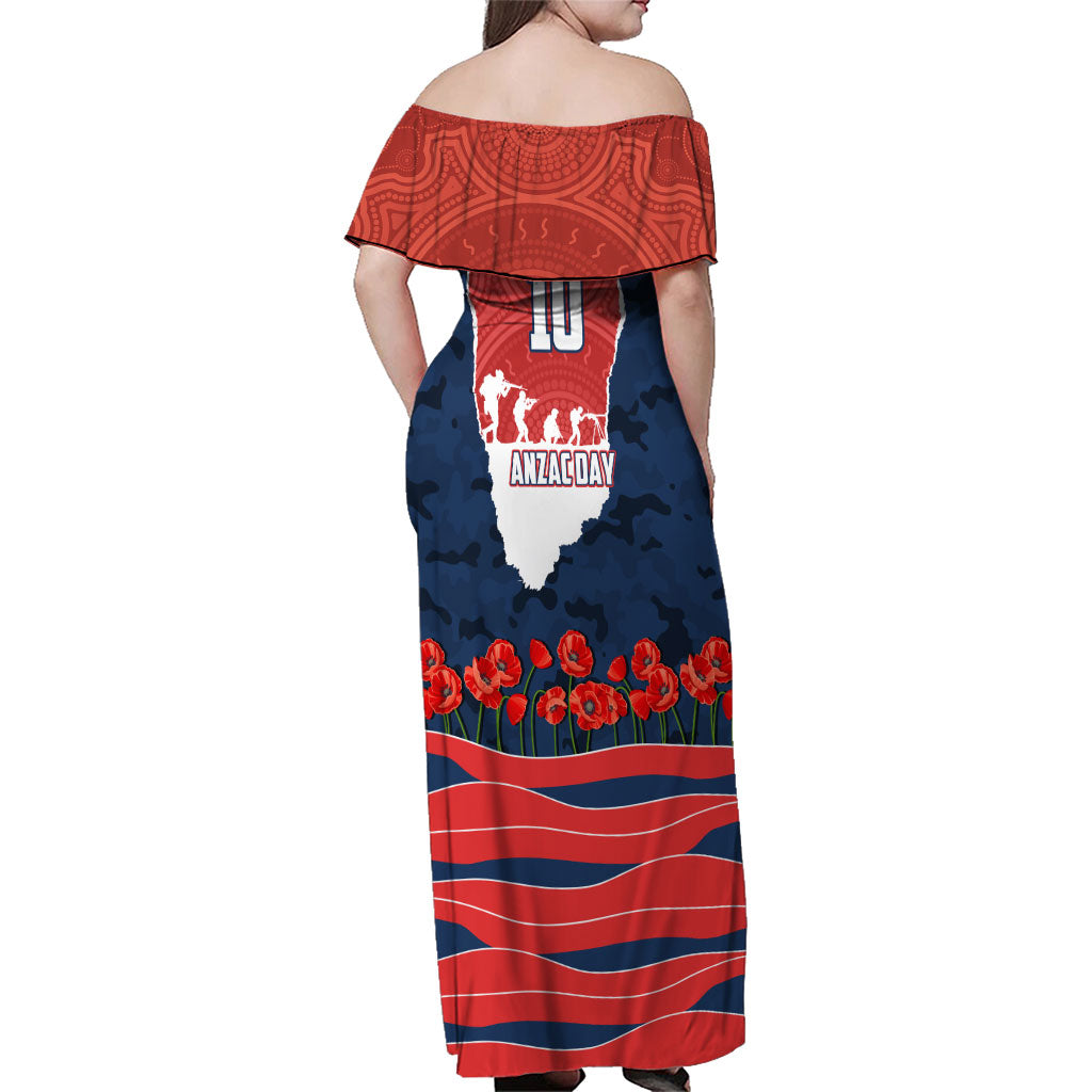 Personalized Sydney Roosters ANZAC Tribute Family Matching Off Shoulder Maxi Dress and Hawaiian Shirt Poppy Field Soldier Silhouette Aboriginal Rugby Mascot
