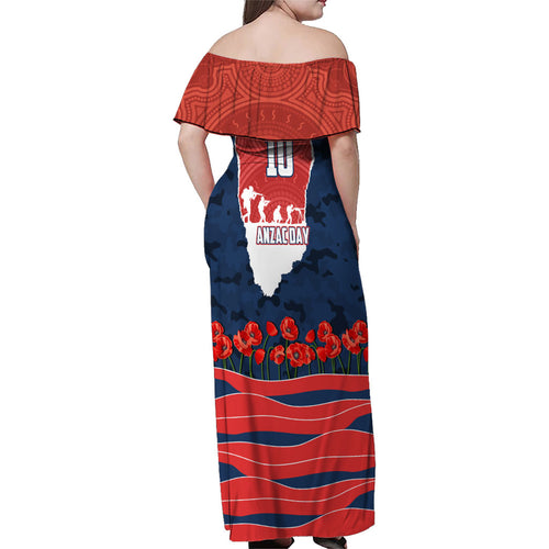 Personalized Sydney Roosters ANZAC Tribute Family Matching Off Shoulder Maxi Dress and Hawaiian Shirt Poppy Field Soldier Silhouette Aboriginal Rugby Mascot