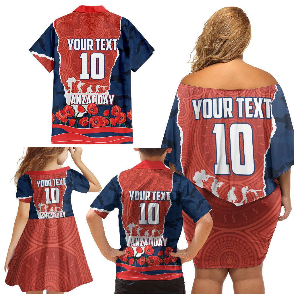 Personalized Sydney Roosters ANZAC Tribute Family Matching Off Shoulder Short Dress and Hawaiian Shirt Poppy Field Soldier Silhouette Aboriginal Rugby Mascot