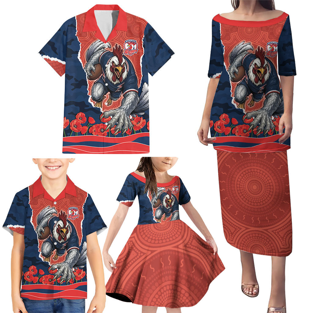 Personalized Sydney Roosters ANZAC Tribute Family Matching Puletasi and Hawaiian Shirt Poppy Field Soldier Silhouette Aboriginal Rugby Mascot