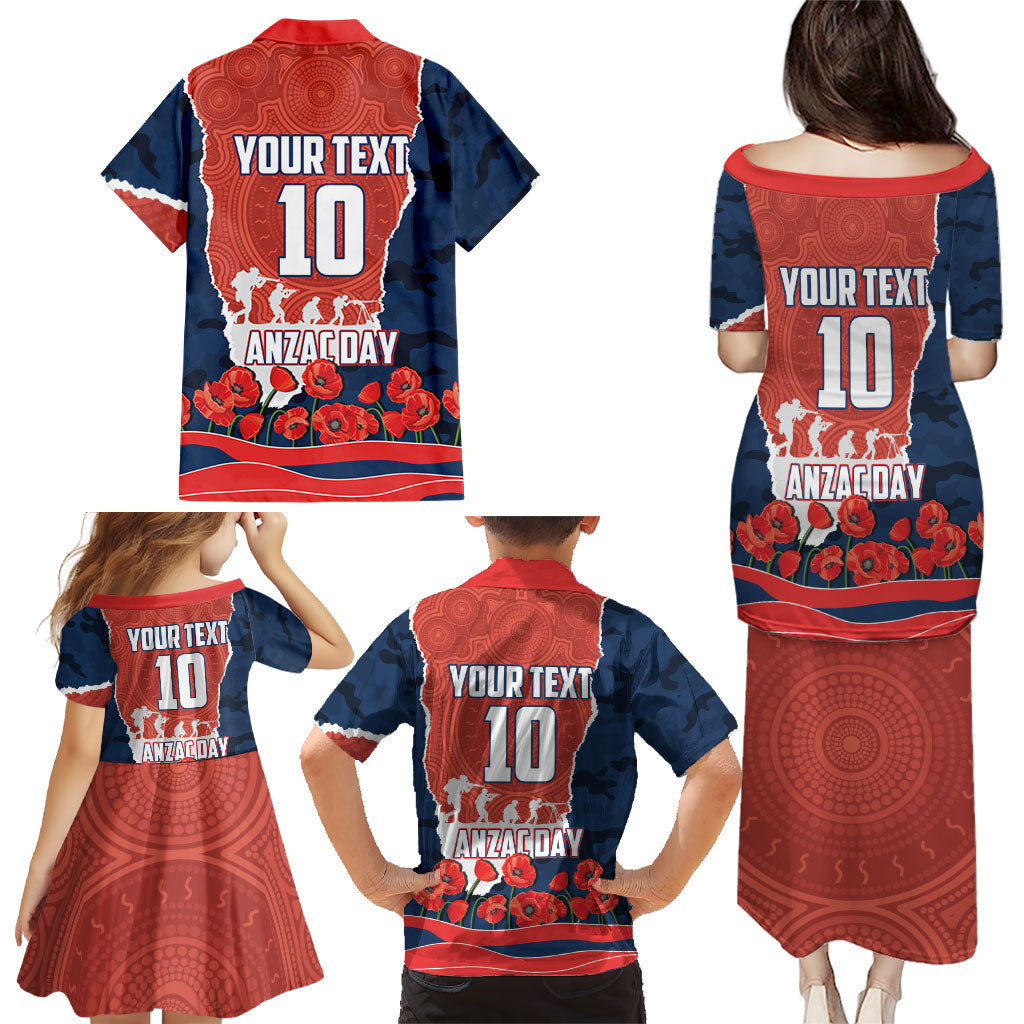 Personalized Sydney Roosters ANZAC Tribute Family Matching Puletasi and Hawaiian Shirt Poppy Field Soldier Silhouette Aboriginal Rugby Mascot
