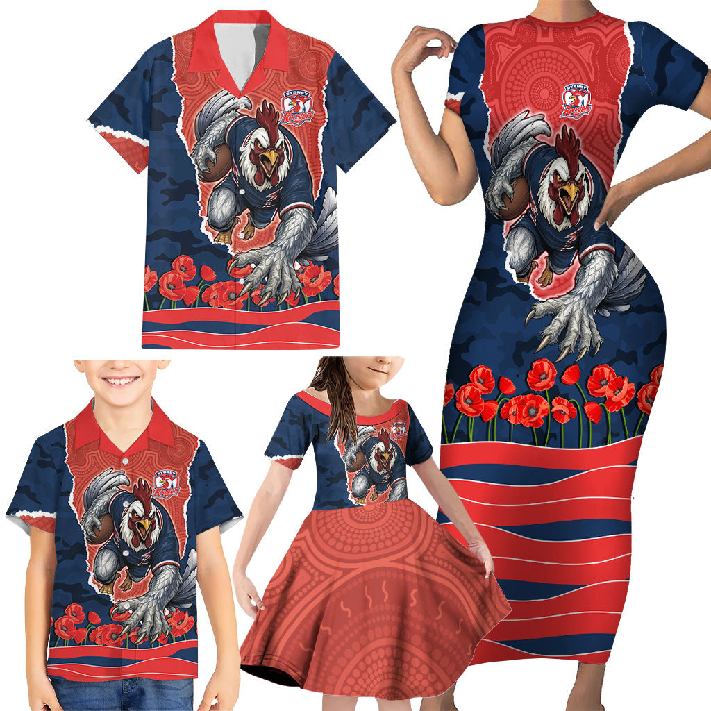 Personalized Sydney Roosters ANZAC Tribute Family Matching Short Sleeve Bodycon Dress and Hawaiian Shirt Poppy Field Soldier Silhouette Aboriginal Rugby Mascot