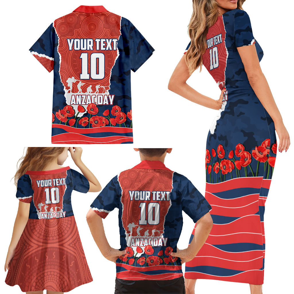 Personalized Sydney Roosters ANZAC Tribute Family Matching Short Sleeve Bodycon Dress and Hawaiian Shirt Poppy Field Soldier Silhouette Aboriginal Rugby Mascot