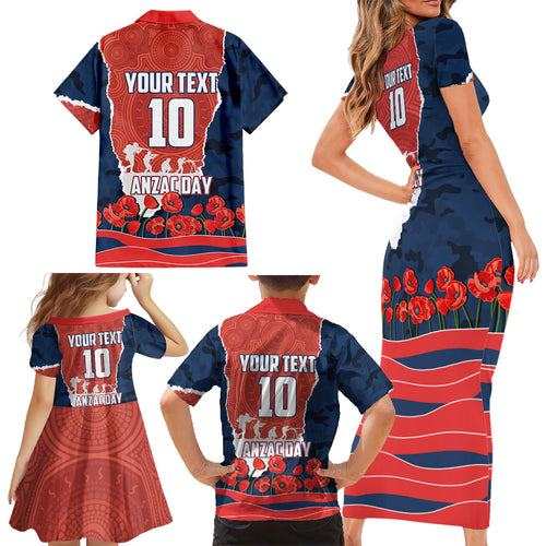 Personalized Sydney Roosters ANZAC Tribute Family Matching Short Sleeve Bodycon Dress and Hawaiian Shirt Poppy Field Soldier Silhouette Aboriginal Rugby Mascot