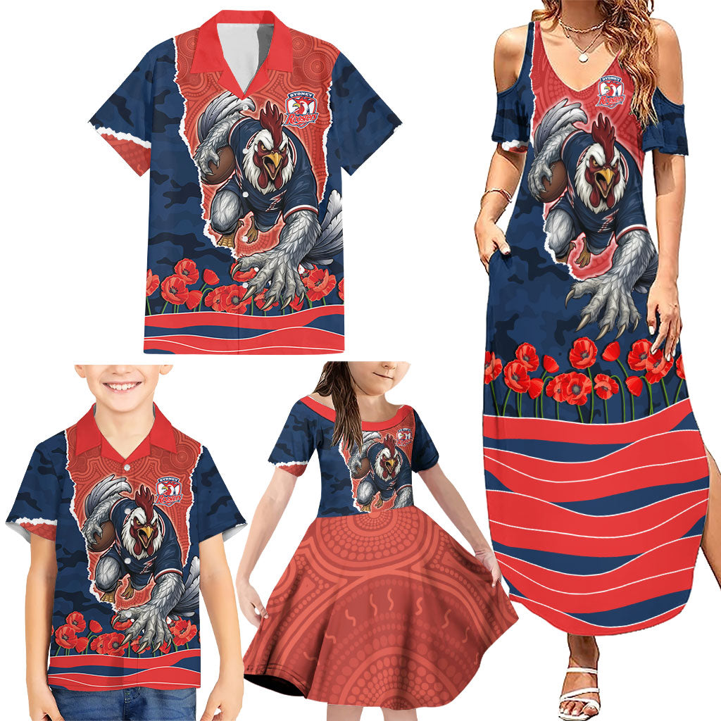 Personalized Sydney Roosters ANZAC Tribute Family Matching Summer Maxi Dress and Hawaiian Shirt Poppy Field Soldier Silhouette Aboriginal Rugby Mascot