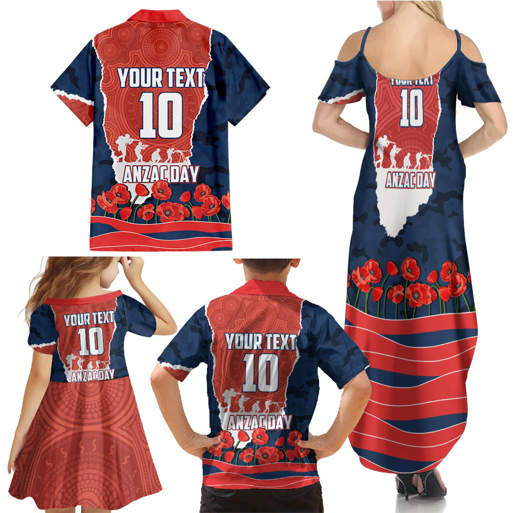 Personalized Sydney Roosters ANZAC Tribute Family Matching Summer Maxi Dress and Hawaiian Shirt Poppy Field Soldier Silhouette Aboriginal Rugby Mascot