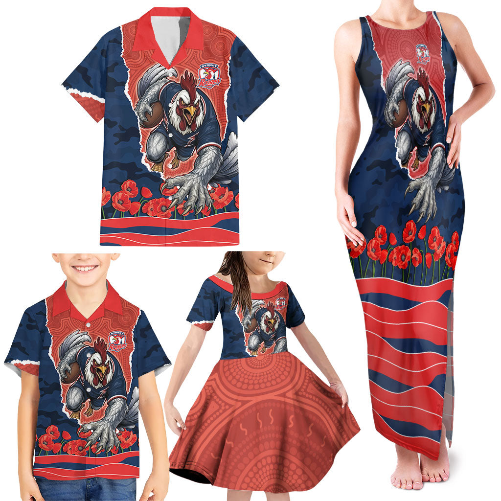 Personalized Sydney Roosters ANZAC Tribute Family Matching Tank Maxi Dress and Hawaiian Shirt Poppy Field Soldier Silhouette Aboriginal Rugby Mascot