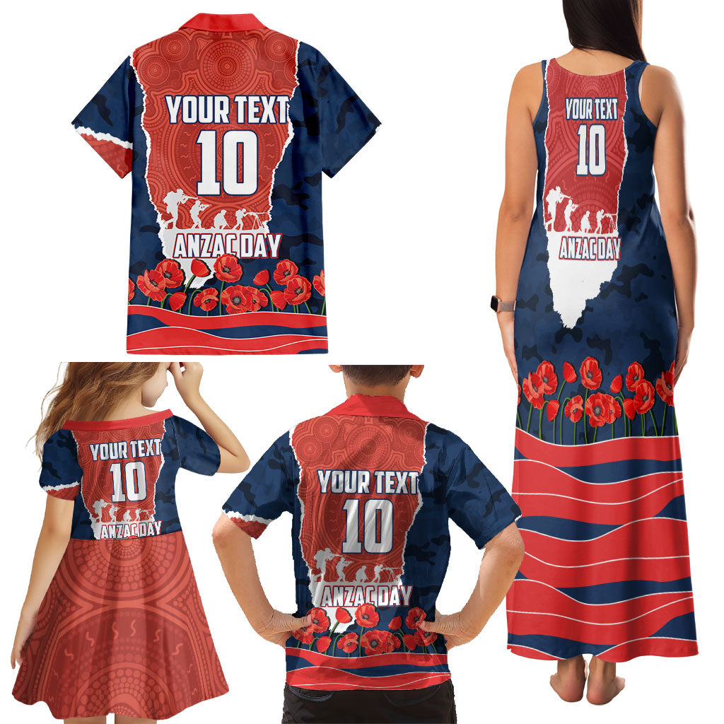 Personalized Sydney Roosters ANZAC Tribute Family Matching Tank Maxi Dress and Hawaiian Shirt Poppy Field Soldier Silhouette Aboriginal Rugby Mascot