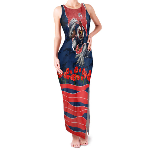 Personalized Sydney Roosters ANZAC Tribute Family Matching Tank Maxi Dress and Hawaiian Shirt Poppy Field Soldier Silhouette Aboriginal Rugby Mascot