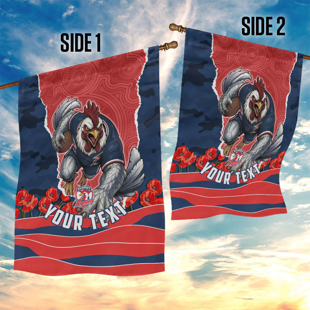 Personalized Sydney Roosters ANZAC Tribute Garden Flag Poppy Field Soldier Silhouette Aboriginal Rugby Mascot