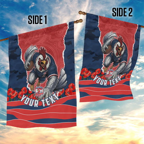 Personalized Sydney Roosters ANZAC Tribute Garden Flag Poppy Field Soldier Silhouette Aboriginal Rugby Mascot