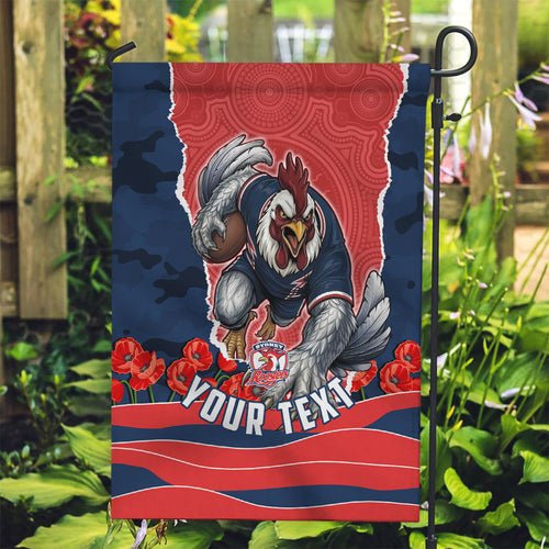 Personalized Sydney Roosters ANZAC Tribute Garden Flag Poppy Field Soldier Silhouette Aboriginal Rugby Mascot