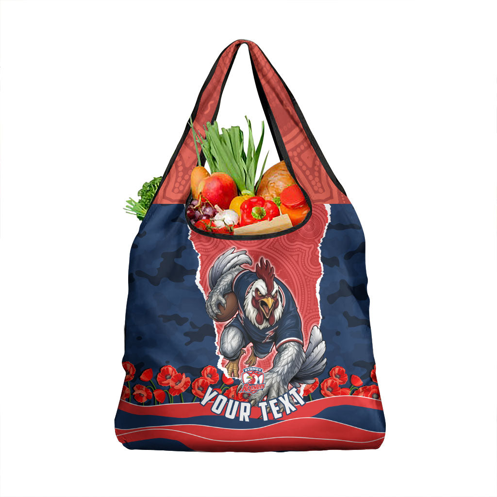 Personalized Sydney Roosters ANZAC Tribute Grocery Bag Poppy Field Soldier Silhouette Aboriginal Rugby Mascot