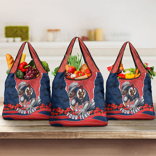 Personalized Sydney Roosters ANZAC Tribute Grocery Bag Poppy Field Soldier Silhouette Aboriginal Rugby Mascot
