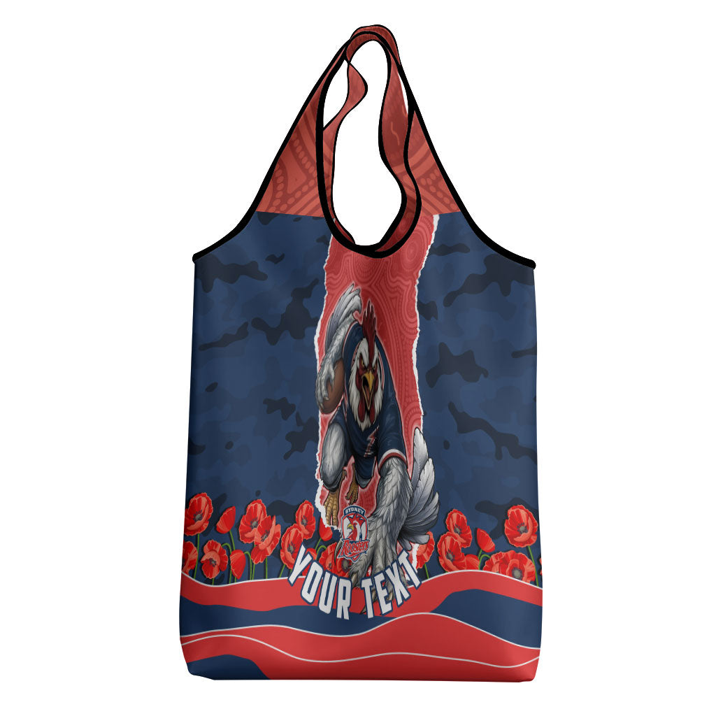 Personalized Sydney Roosters ANZAC Tribute Grocery Bag Poppy Field Soldier Silhouette Aboriginal Rugby Mascot