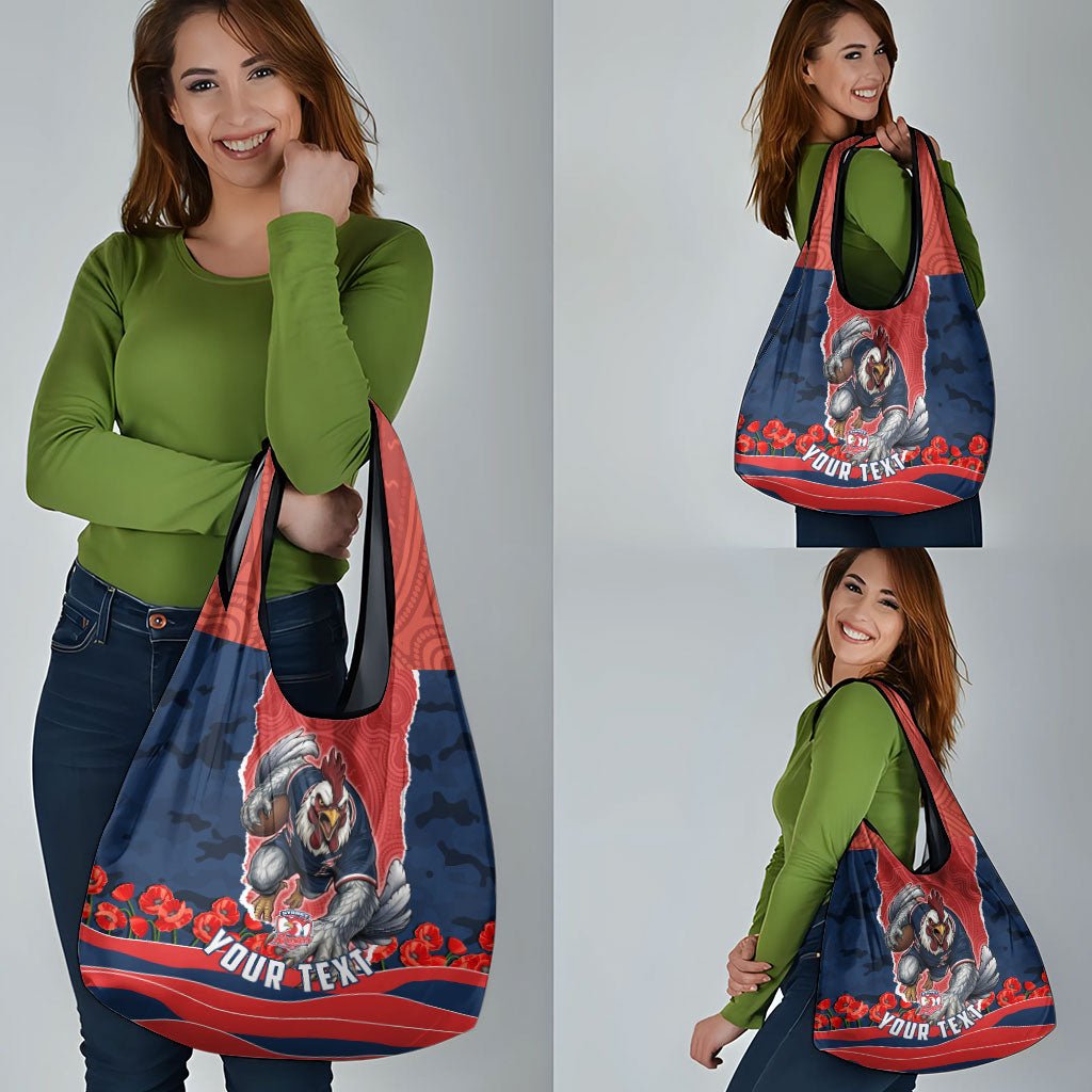 Personalized Sydney Roosters ANZAC Tribute Grocery Bag Poppy Field Soldier Silhouette Aboriginal Rugby Mascot