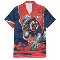 Personalized Sydney Roosters ANZAC Tribute Hawaiian Shirt Poppy Field Soldier Silhouette Aboriginal Rugby Mascot