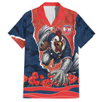 Personalized Sydney Roosters ANZAC Tribute Hawaiian Shirt Poppy Field Soldier Silhouette Aboriginal Rugby Mascot
