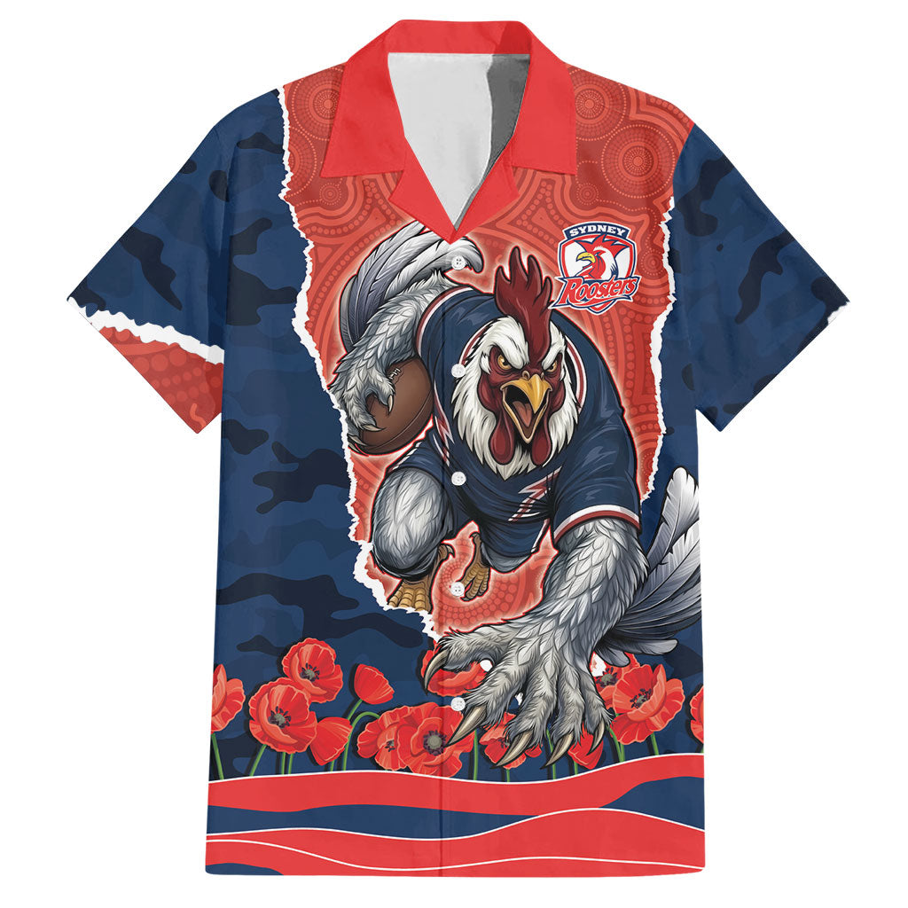 Personalized Sydney Roosters ANZAC Tribute Hawaiian Shirt Poppy Field Soldier Silhouette Aboriginal Rugby Mascot