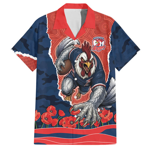 Personalized Sydney Roosters ANZAC Tribute Hawaiian Shirt Poppy Field Soldier Silhouette Aboriginal Rugby Mascot