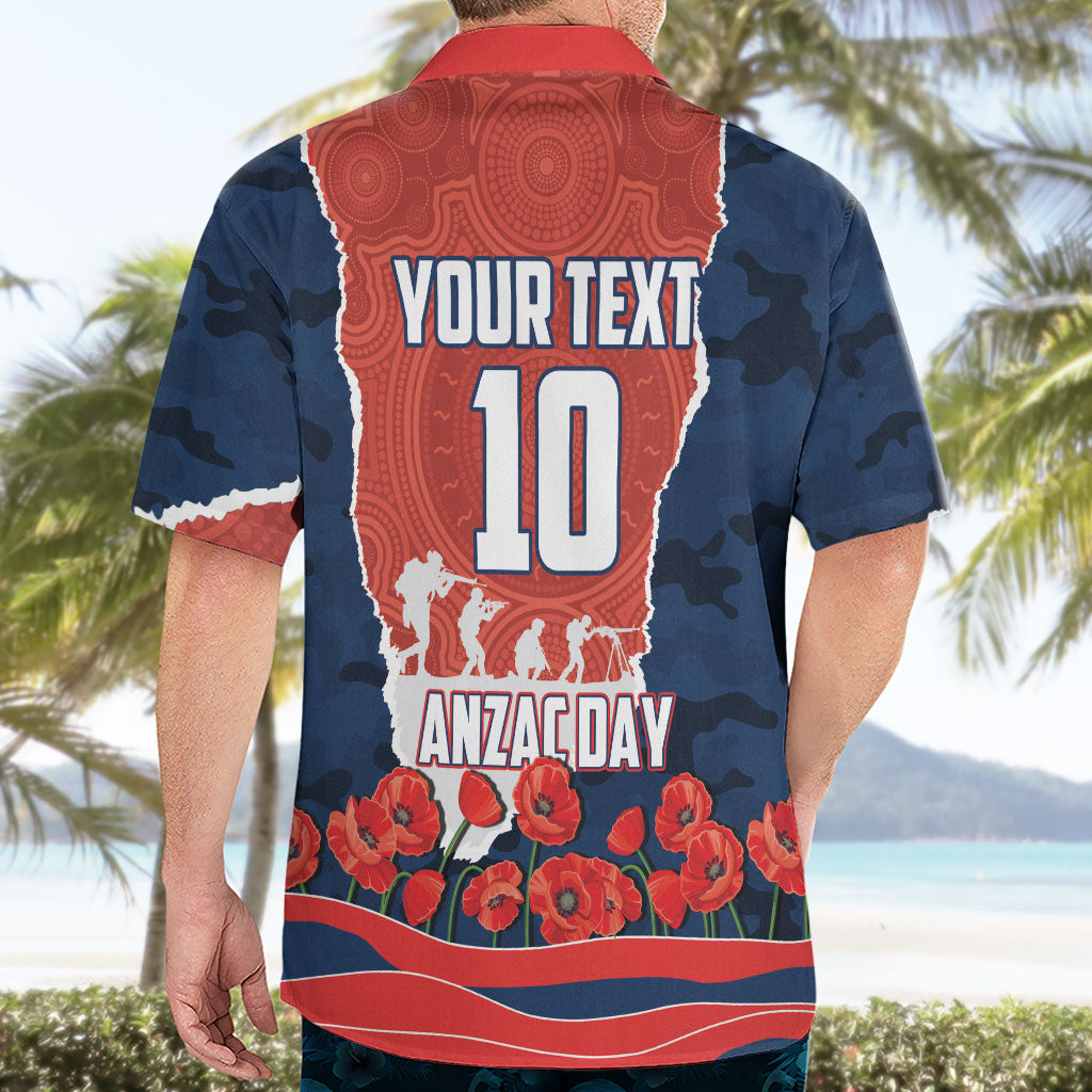 Personalized Sydney Roosters ANZAC Tribute Hawaiian Shirt Poppy Field Soldier Silhouette Aboriginal Rugby Mascot