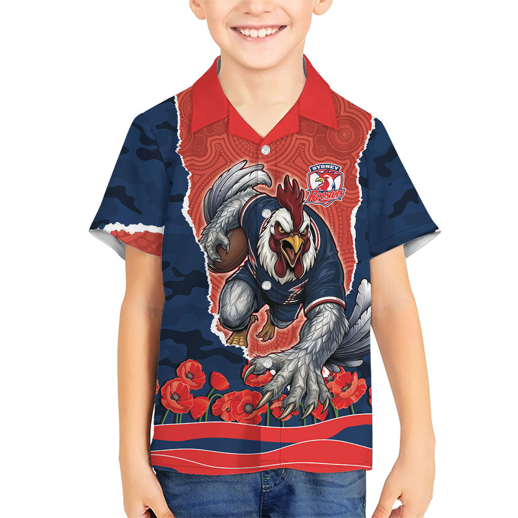 Personalized Sydney Roosters ANZAC Tribute Hawaiian Shirt Poppy Field Soldier Silhouette Aboriginal Rugby Mascot