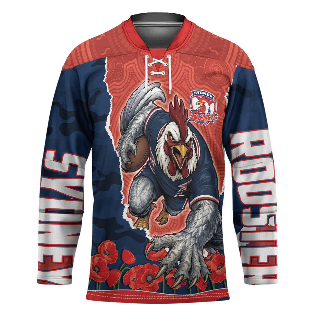 Personalized Sydney Roosters ANZAC Tribute Hockey Jersey Poppy Field Soldier Silhouette Aboriginal Rugby Mascot