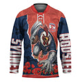 Personalized Sydney Roosters ANZAC Tribute Hockey Jersey Poppy Field Soldier Silhouette Aboriginal Rugby Mascot