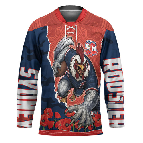 Personalized Sydney Roosters ANZAC Tribute Hockey Jersey Poppy Field Soldier Silhouette Aboriginal Rugby Mascot