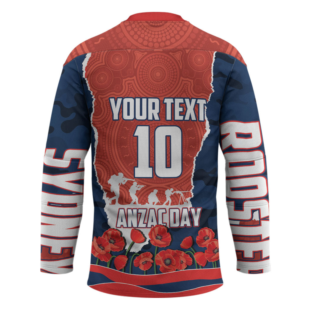 Personalized Sydney Roosters ANZAC Tribute Hockey Jersey Poppy Field Soldier Silhouette Aboriginal Rugby Mascot