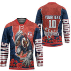 Personalized Sydney Roosters ANZAC Tribute Hockey Jersey Poppy Field Soldier Silhouette Aboriginal Rugby Mascot