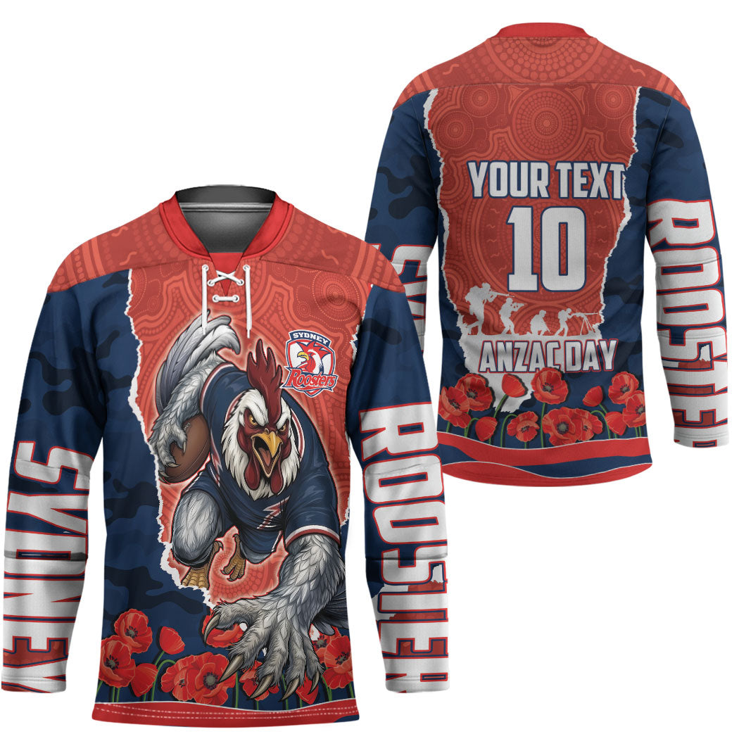 Personalized Sydney Roosters ANZAC Tribute Hockey Jersey Poppy Field Soldier Silhouette Aboriginal Rugby Mascot