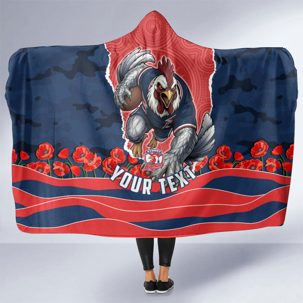 Personalized Sydney Roosters ANZAC Tribute Hooded Blanket Poppy Field Soldier Silhouette Aboriginal Rugby Mascot