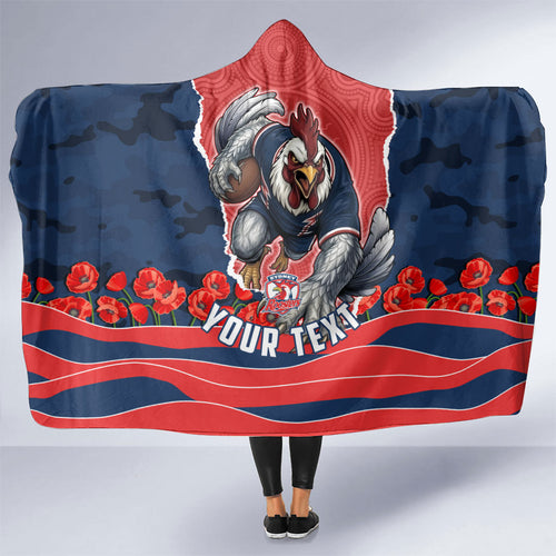 Personalized Sydney Roosters ANZAC Tribute Hooded Blanket Poppy Field Soldier Silhouette Aboriginal Rugby Mascot