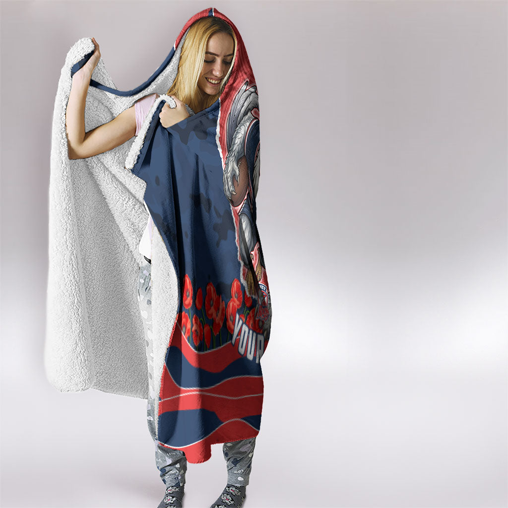 Personalized Sydney Roosters ANZAC Tribute Hooded Blanket Poppy Field Soldier Silhouette Aboriginal Rugby Mascot