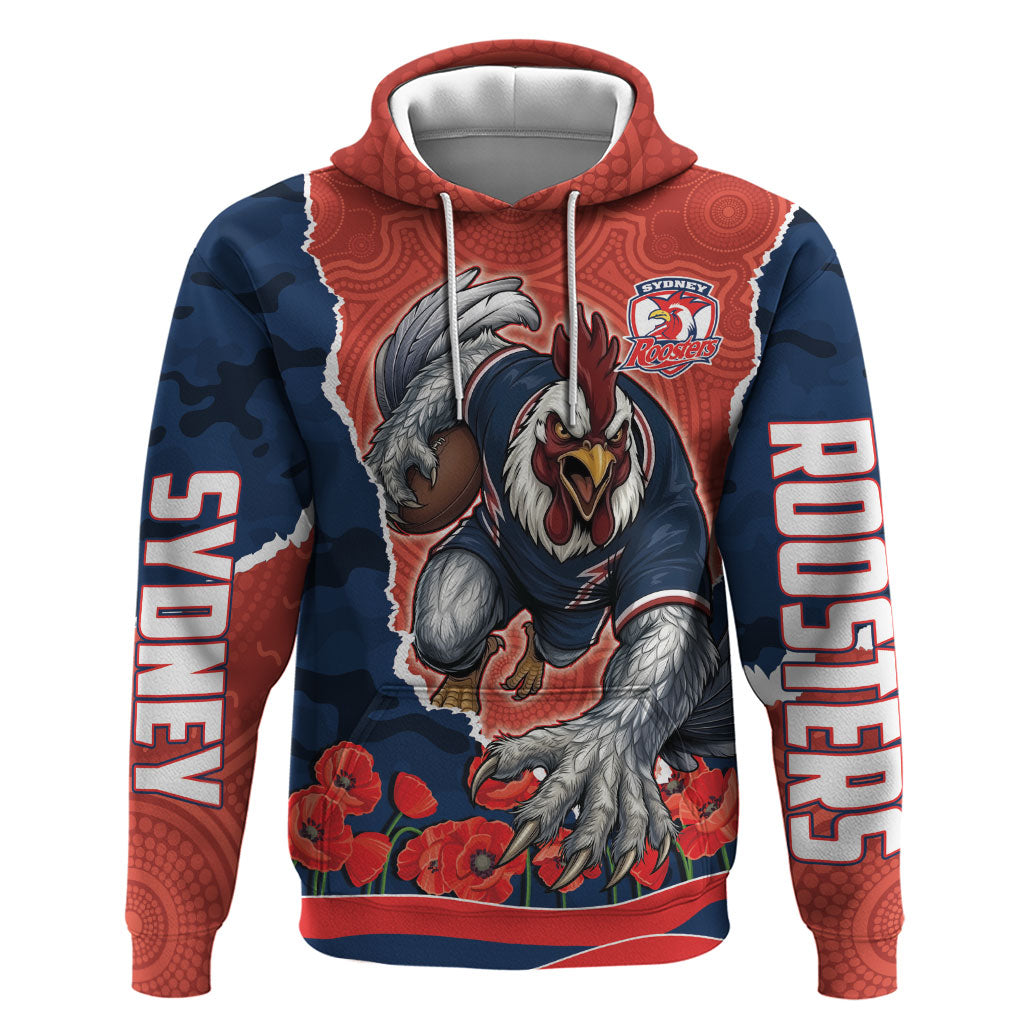 Personalized Sydney Roosters ANZAC Tribute Hoodie Poppy Field Soldier Silhouette Aboriginal Rugby Mascot