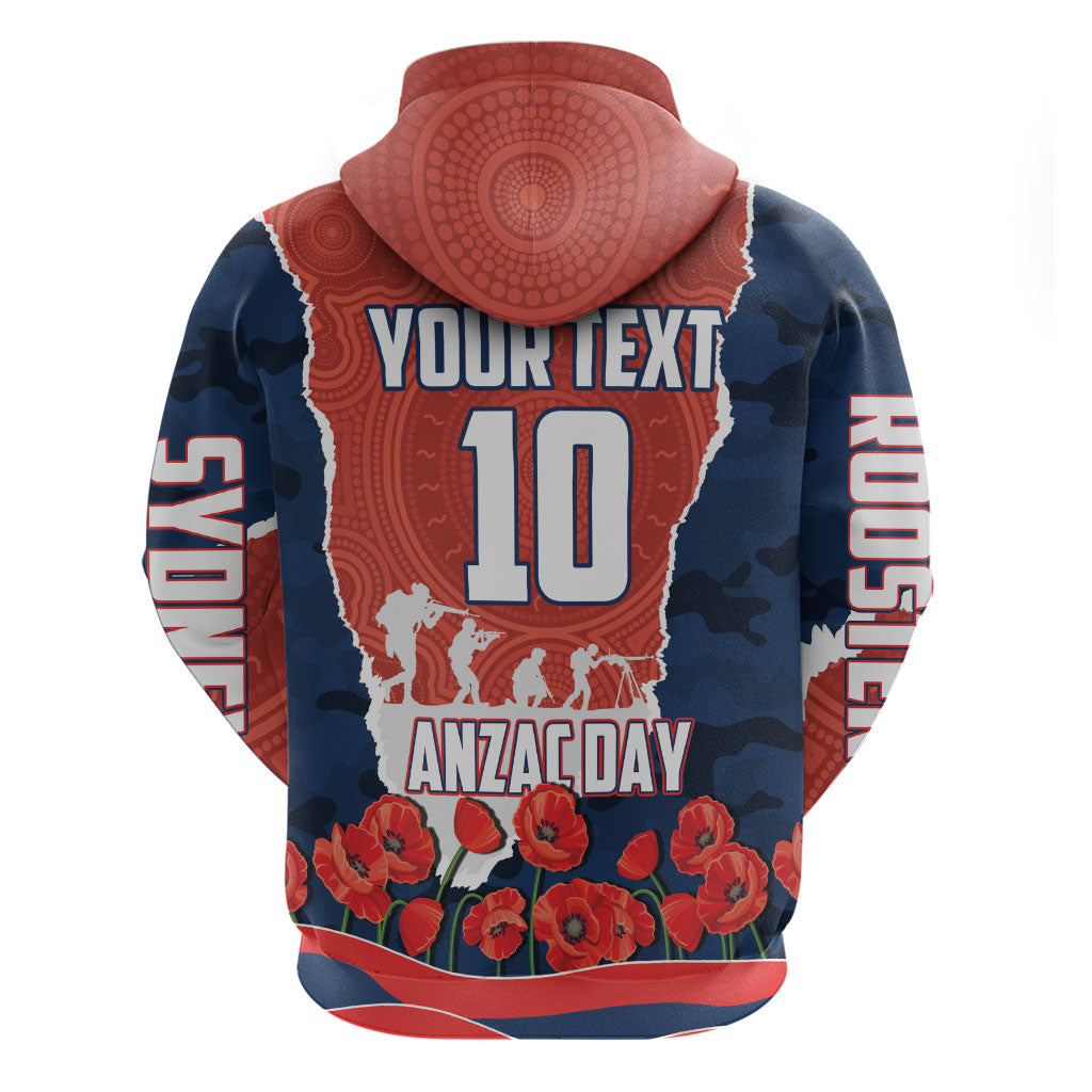 Personalized Sydney Roosters ANZAC Tribute Hoodie Poppy Field Soldier Silhouette Aboriginal Rugby Mascot