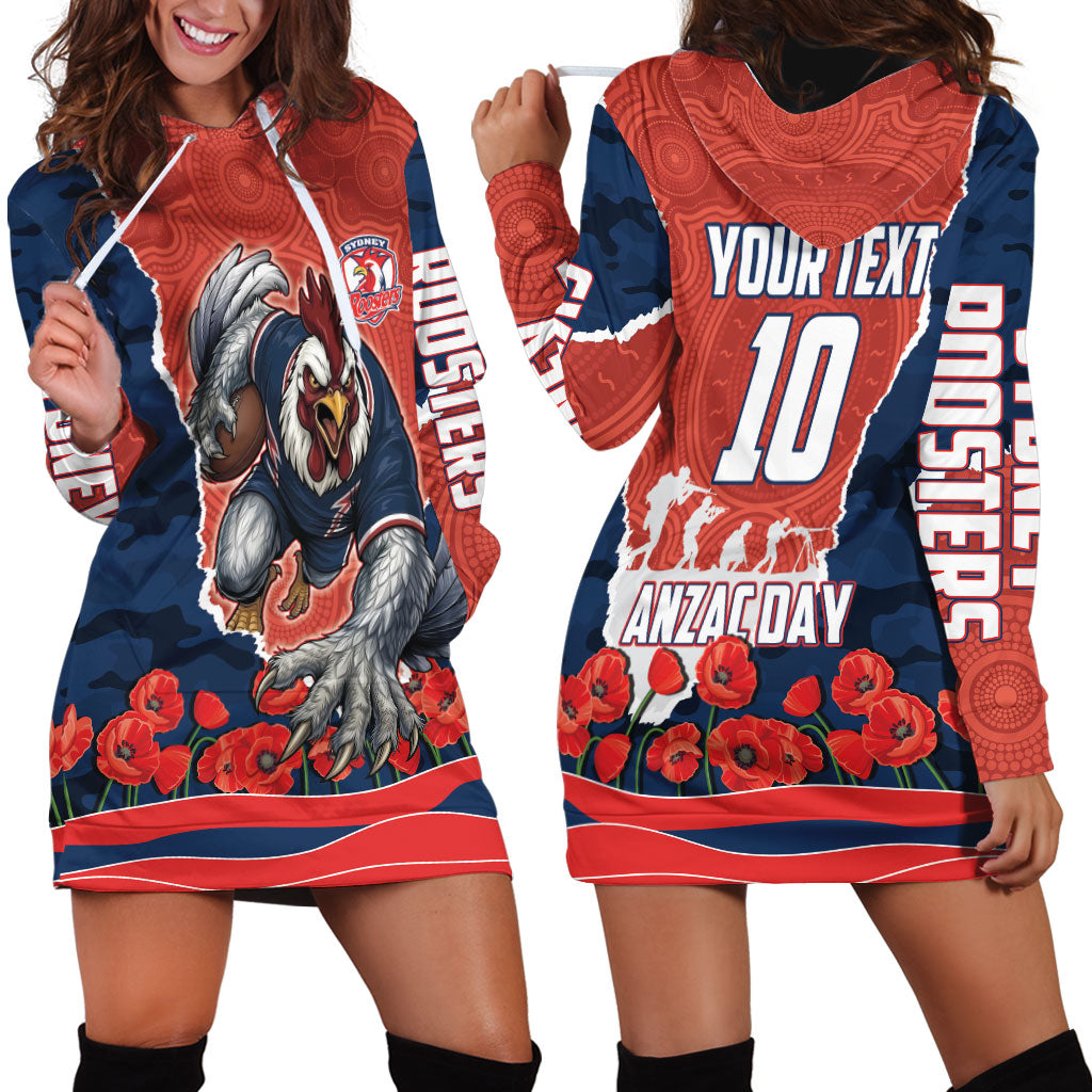Personalized Sydney Roosters ANZAC Tribute Hoodie Dress Poppy Field Soldier Silhouette Aboriginal Rugby Mascot