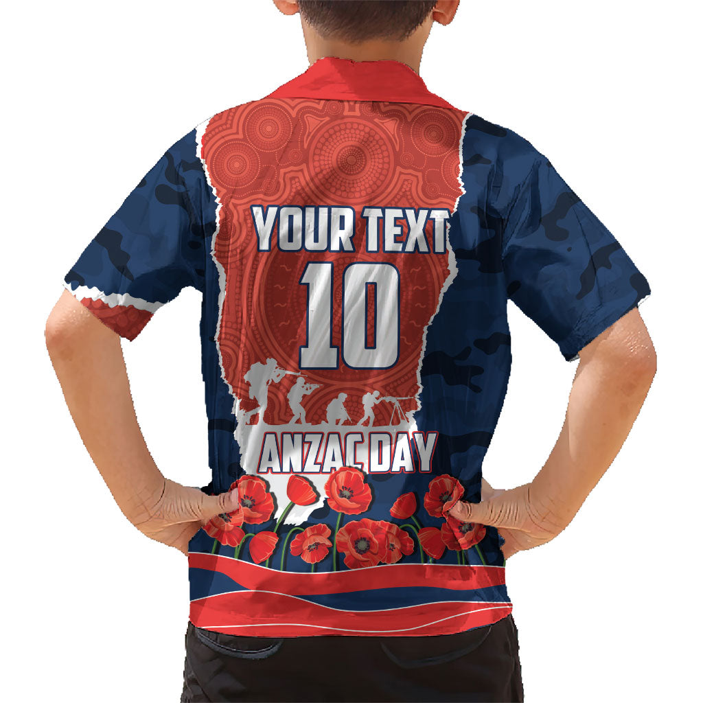 Personalized Sydney Roosters ANZAC Tribute Kid Hawaiian Shirt Poppy Field Soldier Silhouette Aboriginal Rugby Mascot