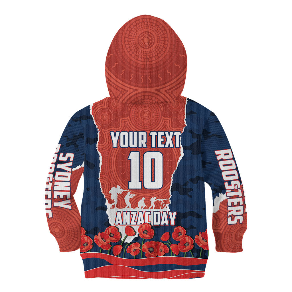 Personalized Sydney Roosters ANZAC Tribute Kid Hoodie Poppy Field Soldier Silhouette Aboriginal Rugby Mascot