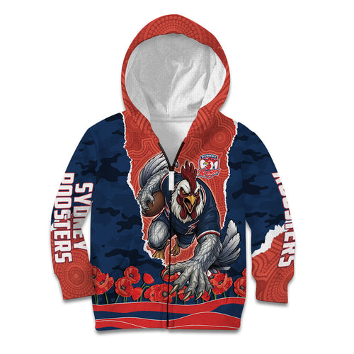 Personalized Sydney Roosters ANZAC Tribute Kid Hoodie Poppy Field Soldier Silhouette Aboriginal Rugby Mascot