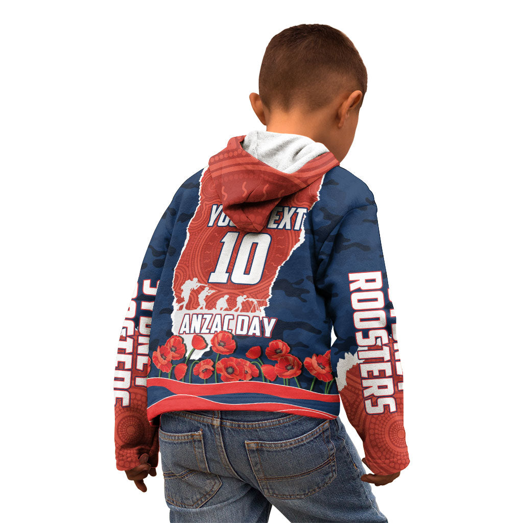 Personalized Sydney Roosters ANZAC Tribute Kid Hoodie Poppy Field Soldier Silhouette Aboriginal Rugby Mascot