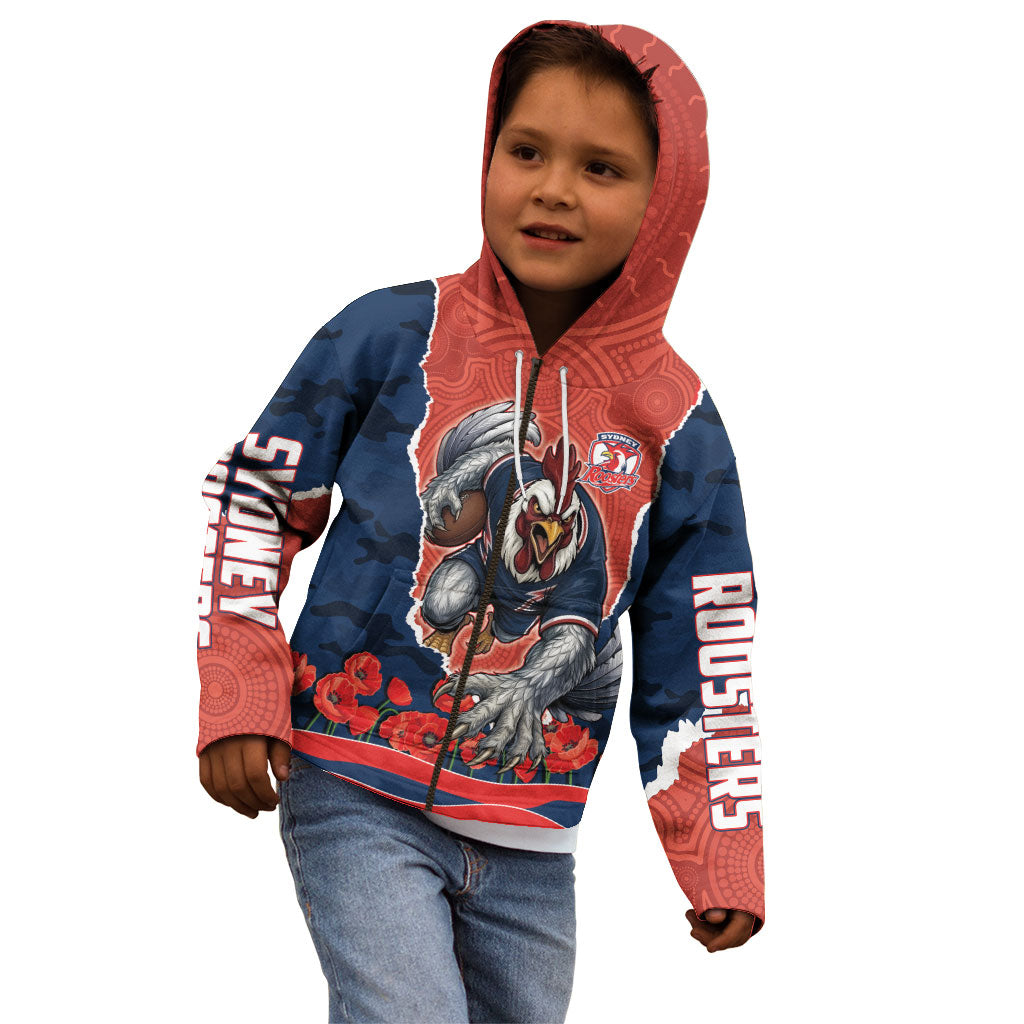 Personalized Sydney Roosters ANZAC Tribute Kid Hoodie Poppy Field Soldier Silhouette Aboriginal Rugby Mascot
