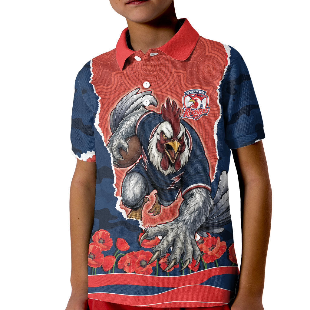 Personalized Sydney Roosters ANZAC Tribute Kid Polo Shirt Poppy Field Soldier Silhouette Aboriginal Rugby Mascot