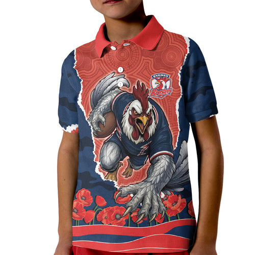 Personalized Sydney Roosters ANZAC Tribute Kid Polo Shirt Poppy Field Soldier Silhouette Aboriginal Rugby Mascot