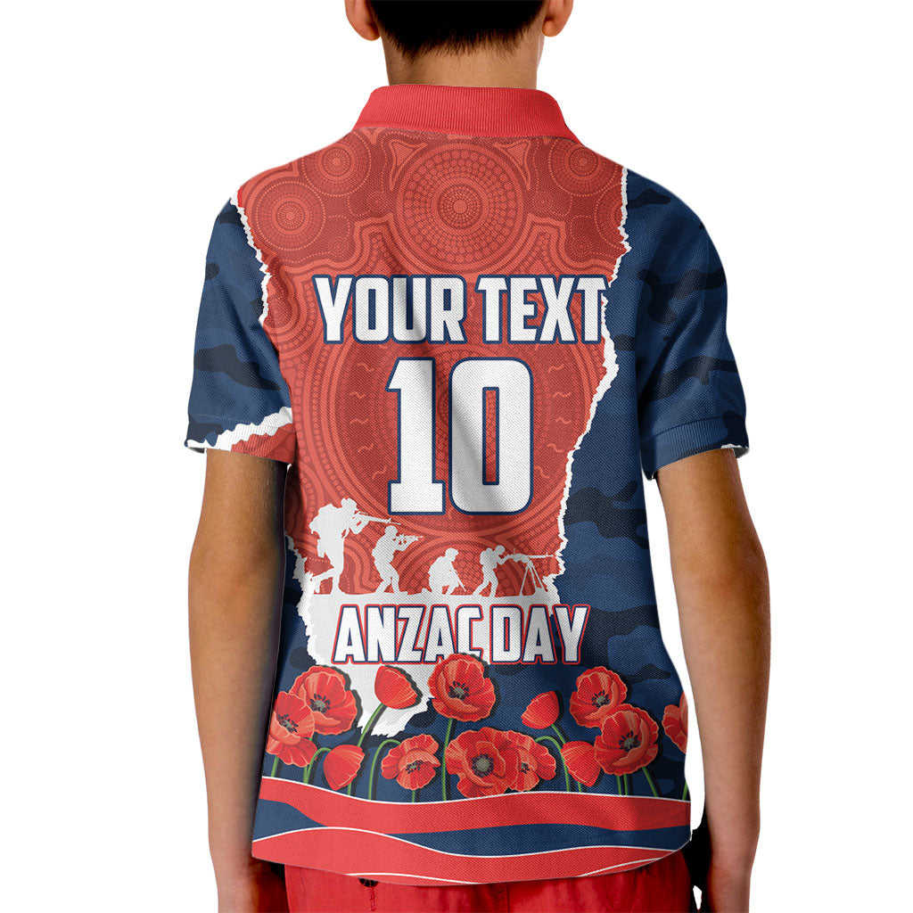 Personalized Sydney Roosters ANZAC Tribute Kid Polo Shirt Poppy Field Soldier Silhouette Aboriginal Rugby Mascot
