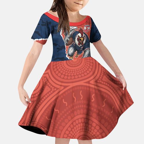 Personalized Sydney Roosters ANZAC Tribute Kid Short Sleeve Dress Poppy Field Soldier Silhouette Aboriginal Rugby Mascot